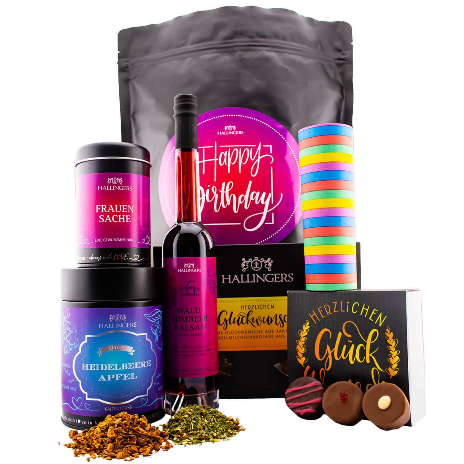 Geschenkkorb Geschenkset – Feinkost Mix, Geburtstag Wundertüte XXL Essig Gewürz Coldbrew Tee Pralinen Tafel Schokolade, "Happy Birthday Pink XXL" (463