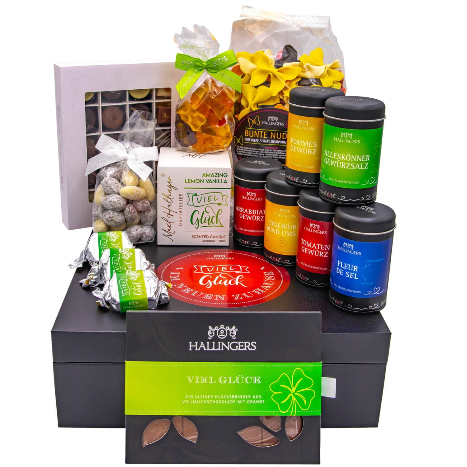 Feinkost Glückwunsch-Geschenk-Set - XXL-Geschenkkorb Gourmet "Viel Glück im neuen ..." - Hallingers Genuss Manufaktur