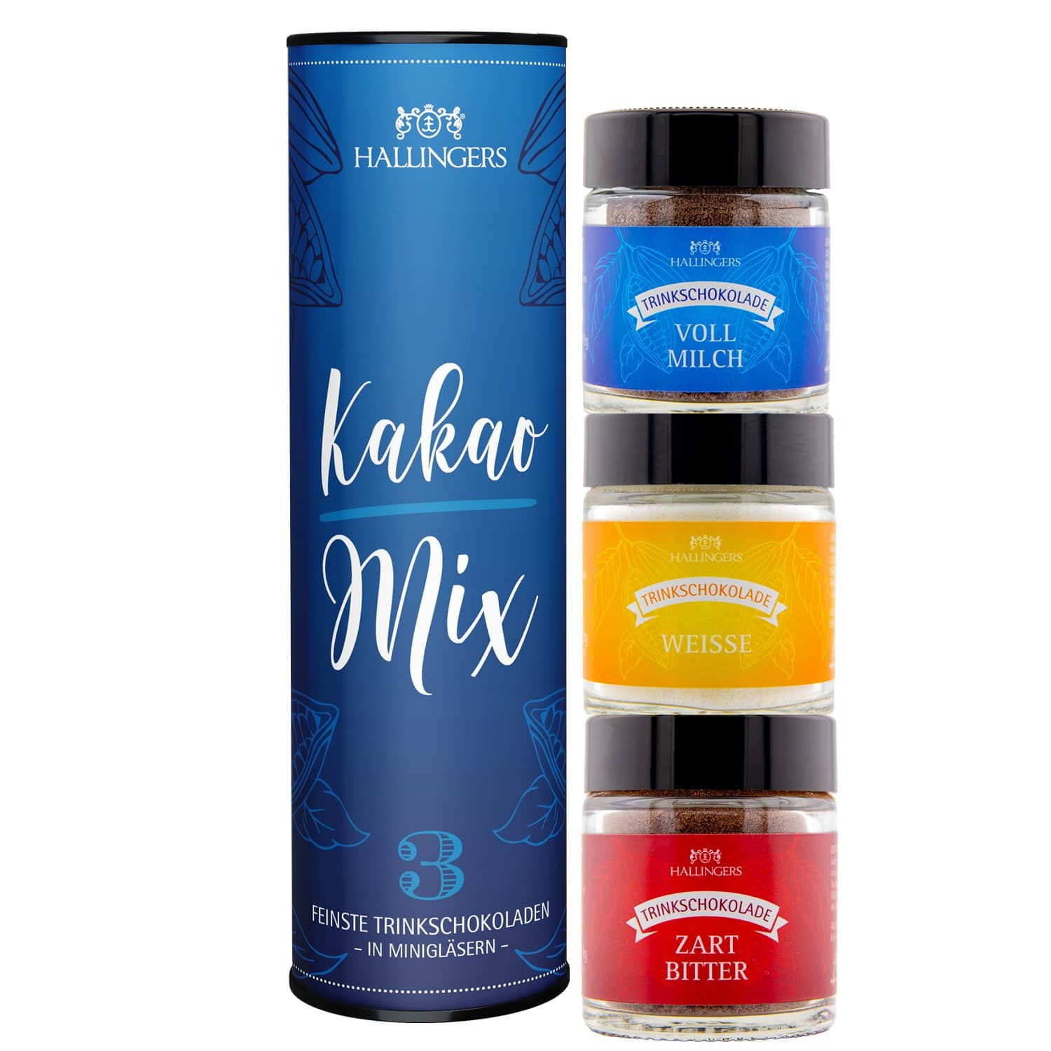 Geschenkkorb Geschenkset – Feinkost Mix, 3 Sorten Trinkschokolade Set – Vollmilch, Zartbitter und Weiße Trinkschokolade (57g) - Kakao-Mix