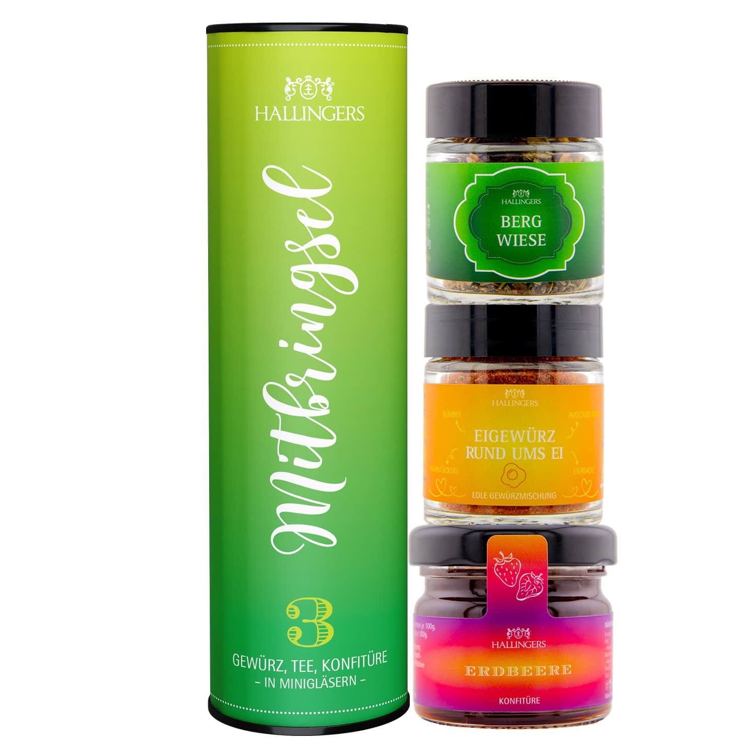Feinkost Geschenk-Set - 3x Miniglas Geschenkdose "Mitbringsel" - Hallingers Genuss Manufaktur