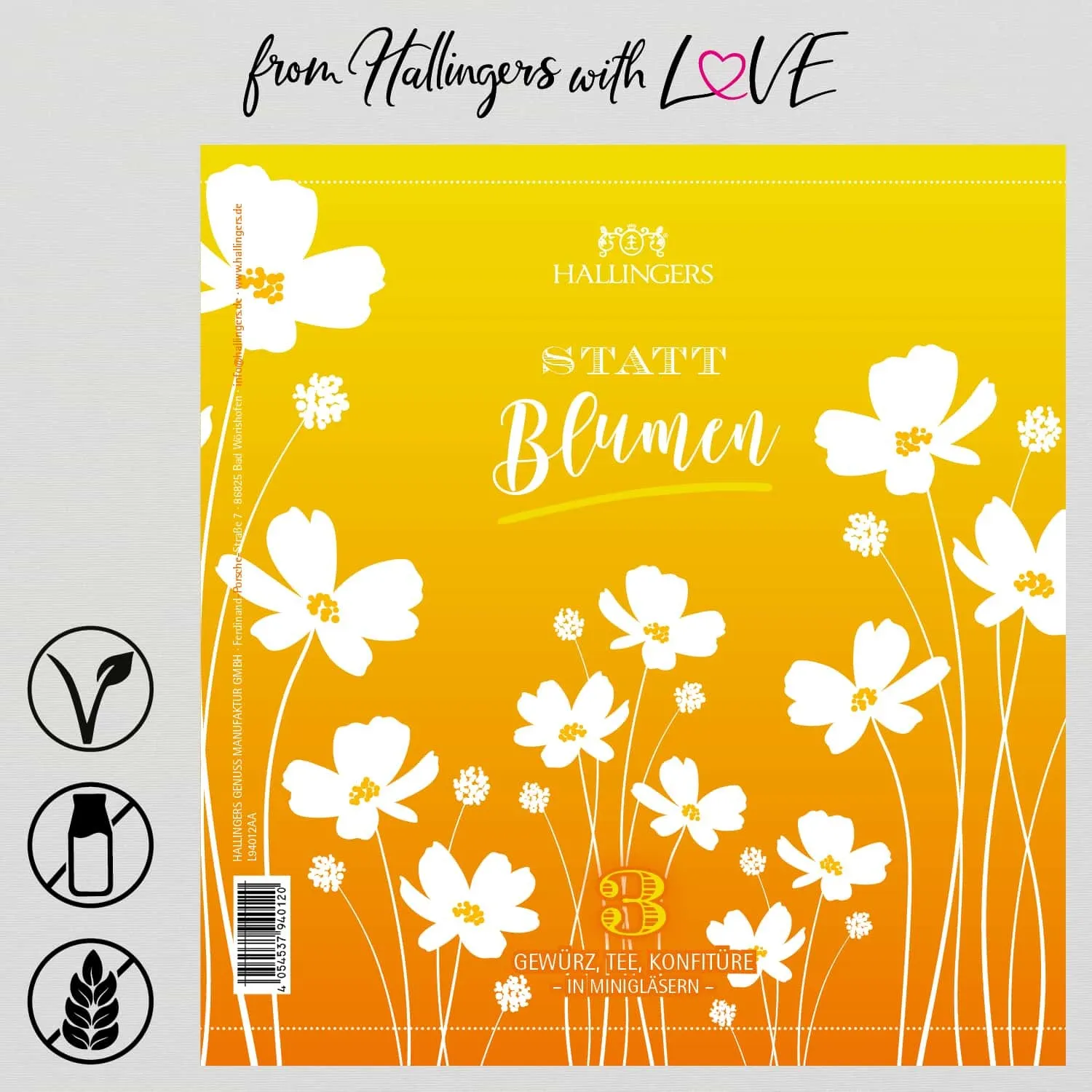 Statt Blumen (veganes Mitbringsel Tee, Konfitüre & Gewürz) - Feinkost-Set, 3x Miniglas Geschenkdose