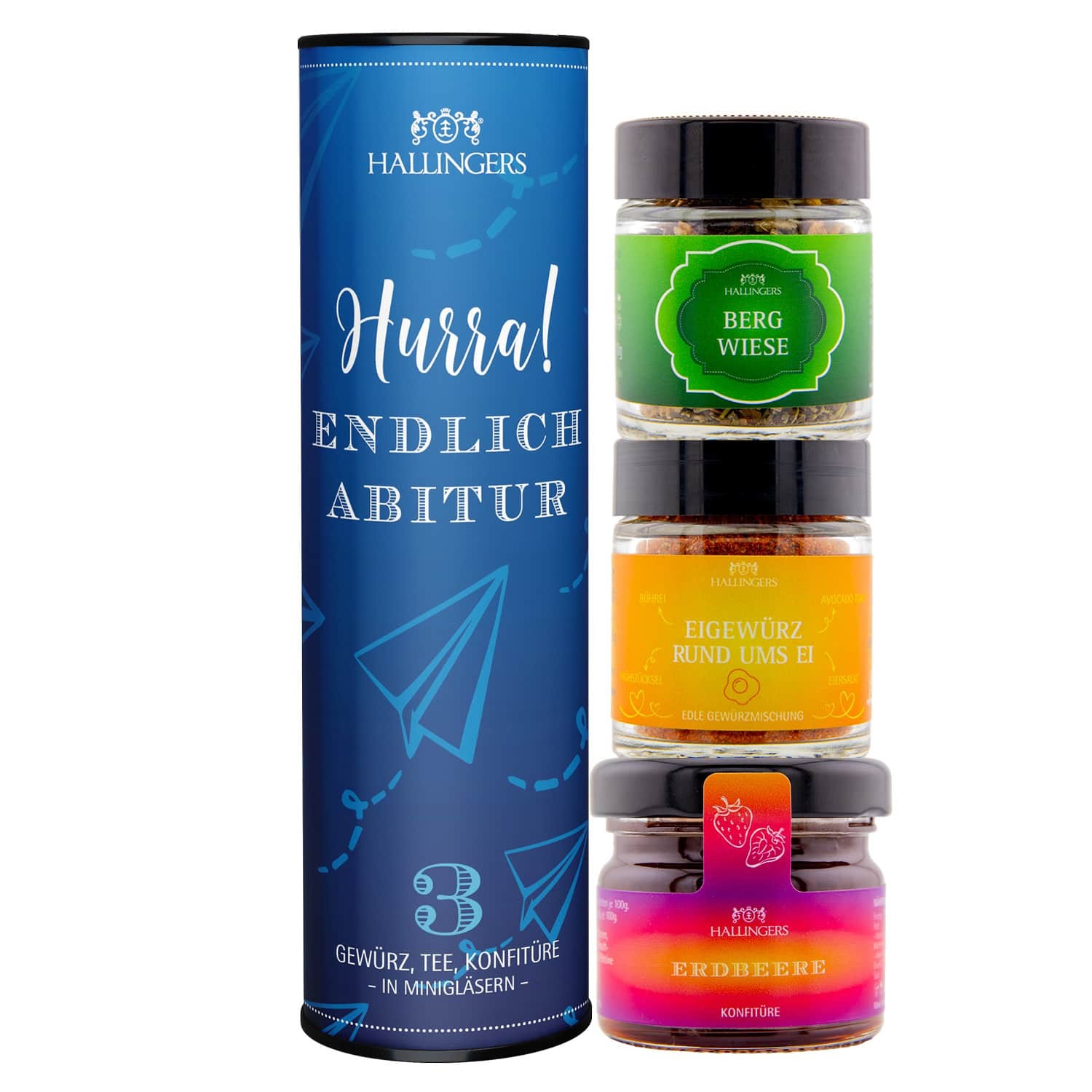 Geschenkkorb Geschenkset – Feinkost Mix, 3-teiliges Set mit Tee, Konfitüre und Gewürz – edles Genuss-Set als Geschenk, vegan (61g) - Hurra! Endlich Ab