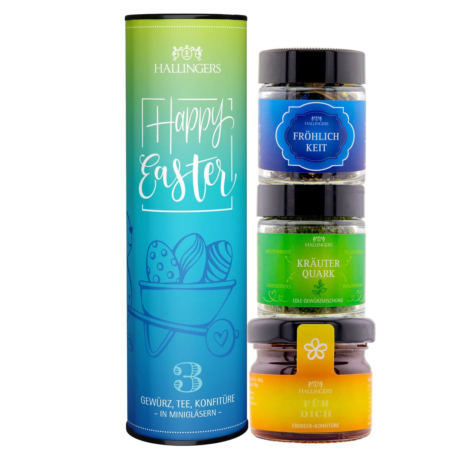 Vegan Geschenkkorb Geschenkset Ostern – Feinkost Mix, Oster Set 3-teilig mit Tee, Konfitüre & Gewürz in edler Geschenkdose "Happy Easter" – Osterkörbc