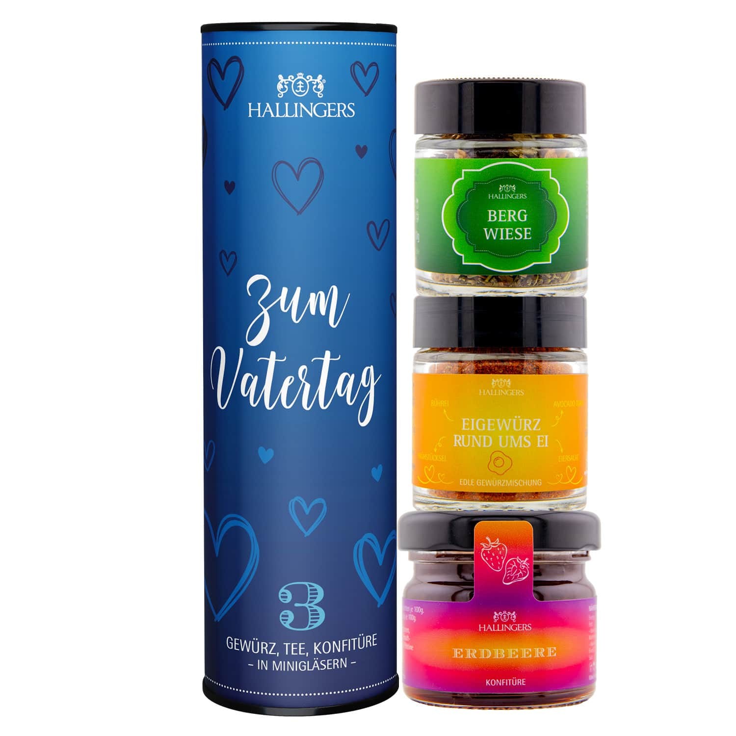 Geschenkkorb Geschenkset – Feinkost Mix, 3-teiliges Set mit Tee, Konfitüre und Gewürz – edles Genuss-Set als Geschenk, vegan (61g) - Zum Vatertag