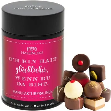 Pink Ich bin halt glücklicher wenn Du da bist (Premiumdose) - Valentinstag Manufaktur Pralinen Geschenk handmade ohne Alkohol aus Edelkakao Schokolade (150g)