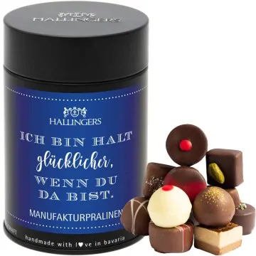 Blue Ich bin halt glücklicher wenn Du da bist (Premiumdose) - Valentinstag Manufaktur Pralinen Geschenk handmade ohne Alkohol aus Edelkakao Schokolade (150g)