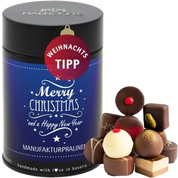 Merry Christmas & A Happy New Year (Premiumdose) - Manufaktur Pralinen Geschenk handmade ohne Alkohol aus Edelkakao Schokolade (150g)