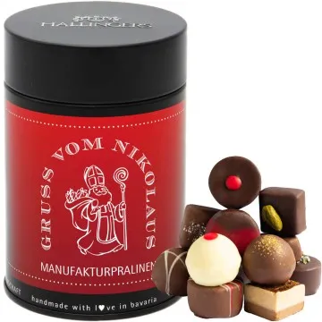 Gruß vom Nikolaus (Premiumdose) - Manufaktur Pralinen Geschenk handmade ohne Alkohol aus Edelkakao Schokolade (150g)