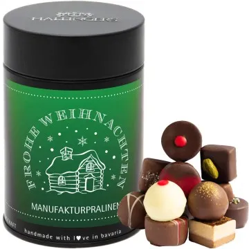 Frohe Weihnachten - Green (Premiumdose) - Manufaktur Pralinen Geschenk handmade ohne Alkohol aus Edelkakao Schokolade (150g)