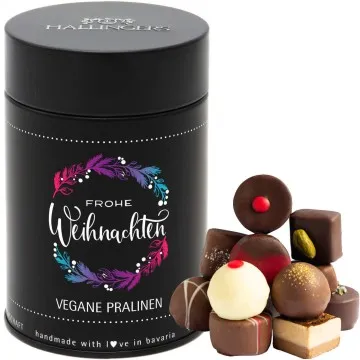 Frohe Weihnachten (Premiumdose) - Vegane Manufaktur Pralinen Geschenk handmade teils mit Alkohol aus veganer Schokolade (150g)