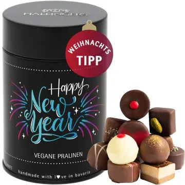 Happy New Year - vegan (Premiumdose) - Vegane Manufaktur Pralinen Geschenk handmade teils mit Alkohol aus veganer Schokolade (150g)