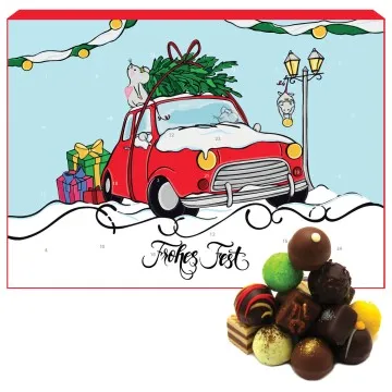 24 Manufaktur-Pralinen im Adventskalender, ohne Alkohol (300g) - Christmas Car (Advents-Karton)
