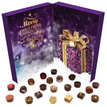 Frohe Weihnachten (Buch-Karton) - Veganer Adventskalender Pralinen Geschenk handmade teils mit Alkohol aus Schokolade vegan (300g)