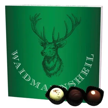 Waidmannsheil L (Pralinenbox) - Manufaktur Pralinen Geschenk handmade ohne Alkohol aus Edelkakao Schokolade für Jäger (108g)