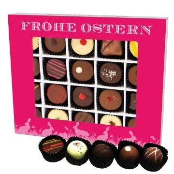 Frohe Ostern pink 20 (Pralinenbox) - Ostergeschenke für Osterkörbchen zu Ostern, Pralinen handmade teils mit Alkohol (240g)
