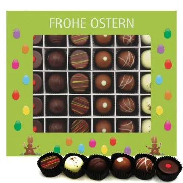 Frohe Ostern grün 30 (Pralinenbox) - Ostergeschenke für Osterkörbchen zu Ostern, Pralinen handmade teils mit Alkohol (360g)