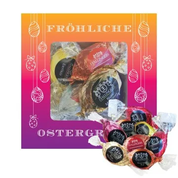 Fröhliche Ostergrüße (Pralinenbox) - Ostergeschenke für Osterkörbchen zu Ostern, Pralinen Ostereier handmade teils mit Alkohol (68g)