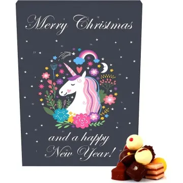 Einhorn / Unicorn (Advents-Karton) - Adventskalender Pralinen Geschenk handmade ohne Alkohol aus Edelkakao Schokolade (300g)