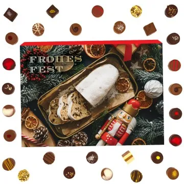 Stollen (Advents-Karton) - Veganer Adventskalender Pralinen Geschenk handmade teils mit Alkohol aus Schokolade vegan (300g)