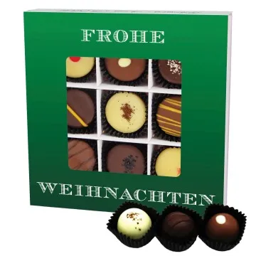 Frohe Weihnachten Grün L (Pralinenbox) - Manufaktur Pralinen Weihnachten Geschenk handmade teils mit Alkohol aus Edelkakao Schokolade (108g)