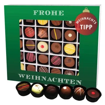 Frohe Weihnachten Grün XXL (Pralinenbox) - Manufaktur Pralinen Weihnachten Geschenk handmade teils mit Alkohol aus Edelkakao Schokolade (360g)