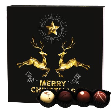 4 Manufaktur-Pralinen handgemacht, ohne Alkohol (48g) - Merry Christmas, Goldene Elche (Pralinenbox)