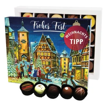 Frohes Fest Snowman Rothenburg XL (Pralinenbox) - Manufaktur Pralinen Weihnachten Geschenk handmade ohne Alkohol aus Edelkakao Schokolade (240g)