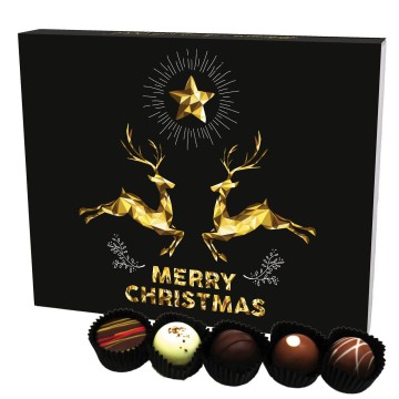 20 Manufaktur-Pralinen handgemacht, teilweise mit Alkohol (240g) - Merry Christmas, Goldene Elche (Pralinenbox)