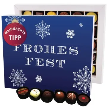 Frohes Fest Blau XXL (Pralinenbox) - Manufaktur Pralinen Weihnachten Geschenk handmade ohne Alkohol aus Edelkakao Schokolade (360g)