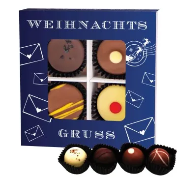 Weihnachtsgruß (Pralinenbox) - Manufaktur Pralinen Weihnachten Geschenk handmade teils mit Alkohol aus Edelkakao Schokolade (48g)