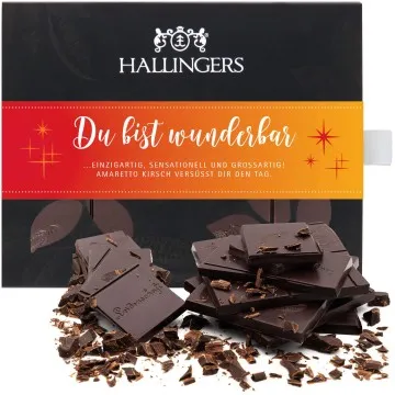 Zartbitter Edel-Schokolade mit Amaretto & Kirsch, handmade (90g) - Du bist wunderbar! (Tafel-Karton)