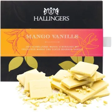 Weiße Edel-Schokolade mit Mango & Vanille - handmade (90g) - Mango-Vanille (Tafel-Karton)