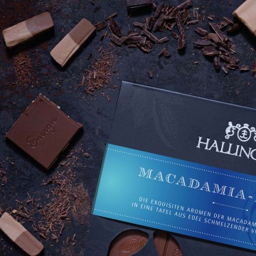 Vollmilch-Schokolade mit Nuss-Nougat hand-geschöpft (90g) - Macadamia-Nougat (Tafel-Karton)