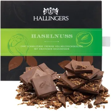 Vollmilch-Schokolade mit Haselnuss-Nougat hand-geschöpft (90g) - Haselnuss (Tafel-Karton)