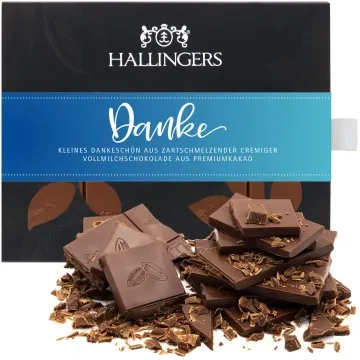 Vollmilch-Schokolade mit Haselnuss-Nougat hand-geschöpft (90g) - Danke (Tafel-Karton)