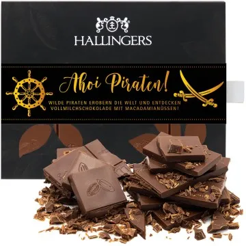 Vollmilch-Schokolade mit Macadamia-Nougat hand-geschöpft (90g) - Piratenschoki (Tafel-Karton)