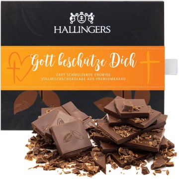 Vollmilch-Schokolade, zart schmelzend hand-geschöpft (90g) - Gott beschütze Dich (Tafel-Karton)