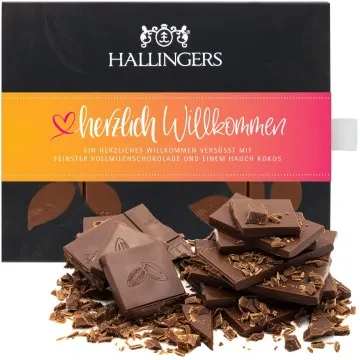 Herzlich Willkommen (Tafel-Karton) - Vollmilch Edel-Schokolade mit Kokosnuss, handmade (90g)