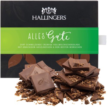 Vollmilch-Schokolade mit Haselnuss-Nougat hand-geschöpft (90g) - Alles Gute (Tafel-Karton)