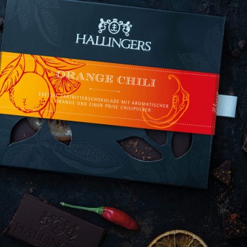 Zartbitter-Schokolade mit Orange & Chili hand-geschöpft (90g) - Orange-Chili (Tafel-Karton)