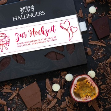 Zartbitter-Schokolade mit Himbeere & Maracuja hand-geschöpft (90g) - Zur Hochzeit (Tafel-Karton)