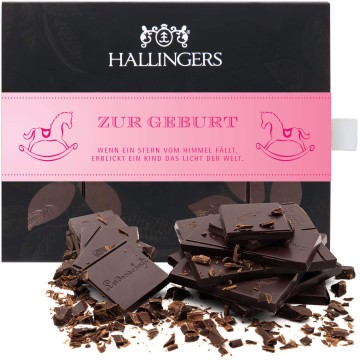 Zartbitter-Schokolade mit Himbeere & Maracuja hand-geschöpft (90g) - Hurra, ein Baby! (Tafel-Karton)