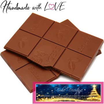 Vollmilch-Schokolade mit Lebkuchengewürzen hand-geschöpft (90g) - Frohe Feiertage (Tafel-Karton)