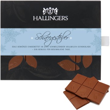 Vollmilch-Schokolade mit Lebkuchengewürzen hand-geschöpft (90g) - Schneegestöber (Tafel-Karton)