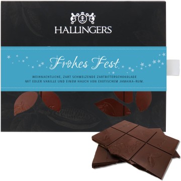 Zartbitter-Schokolade mit Vanille & Rum hand-geschöpft (90g) - Frohes Fest (Tafel-Karton)