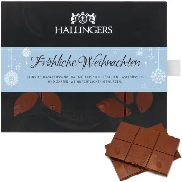 Vollmilch Edel-Schokolade mit Haselnuss-Nougat, handmade (90g) - Fröhliche Weihnachten (Tafel-Karton)