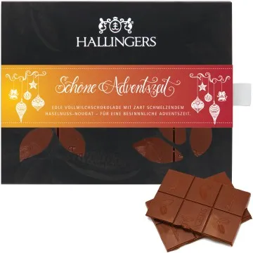Vollmilch-Schokolade mit Haselnuss-Nougat hand-geschöpft (90g) - Schöne Adventszeit (Tafel-Karton)
