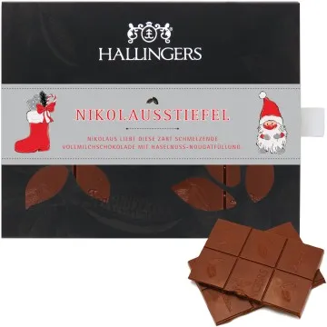 Vollmilch Edel-Schokolade mit Haselnuss-Nougat, handmade (90g) - Nikolausstiefel (Tafel-Karton)