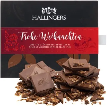 Frohe Weihnachten (Tafel-Karton) - Vollmilch Edel-Schokolade zartschmelzend ganz pur, handmade (90g)