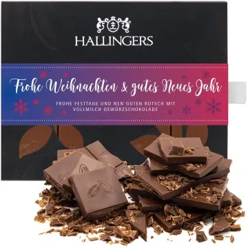 Vollmilch Edel-Schokolade mit Weihnachts-Gewürzen, handmade (90g) - Frohe Weihnachten & Gutes Neues Jahr (Tafel-Karton)
